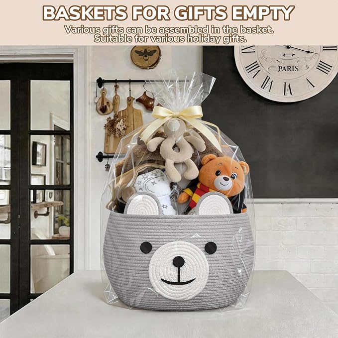 CherryNow Large Baby Basket for Gifts Empty, Cute Bear Design, Light Grey | 15.7" x 10.5" Baby Shower Basket for Kids Boys Newborn Storage, Woven Rope Toy Basket, Fits Living Room Nursery Décor