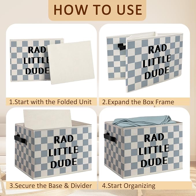 Boy Nursery Rad Little Dude Foldable Storage Bins Box with Handles, Blue and White Checkered Decorative Storage Boxes Baskets Organizer for Boys Nursery Bedroom Playroom Bathroom