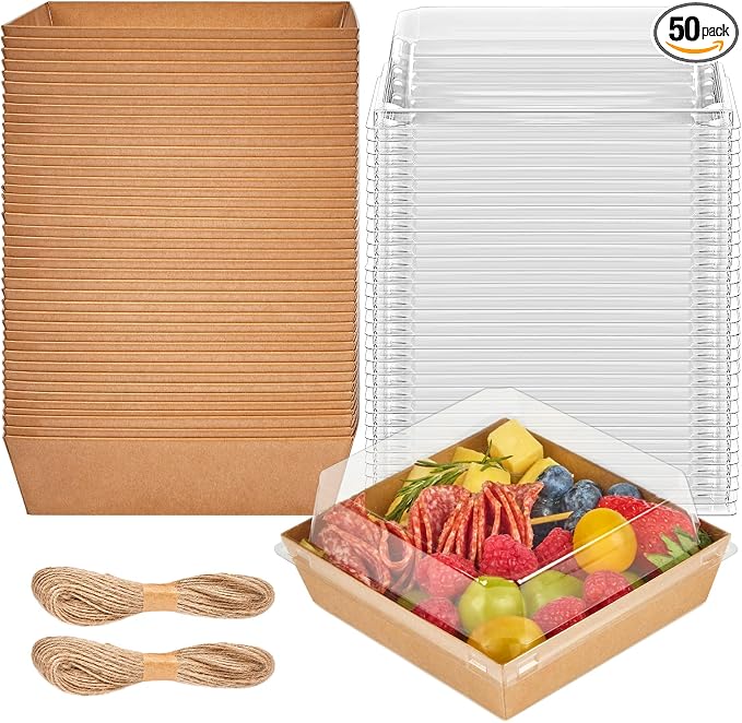 ZORRITA 50 Pack 5 Inch Paper Charcuterie Boxes with Clear Lids, Brown | Small, Square, To Go Food Containers, Bakery Boxes, For Mini Cake, Desserts, Cookies, Sandwiches, Strawberries