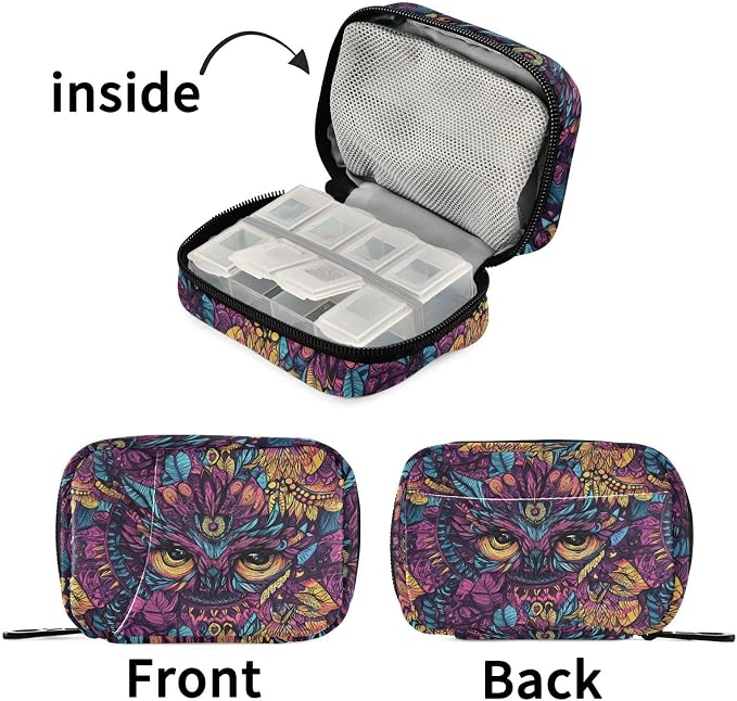 Fustylead Ethnic Tribal Purple Mandala Owl Pill Organizer and Storage Weekly with Zipper, Removable Pill Box Portable Medicine Organizer for Vitamin Fish Oil Supplement