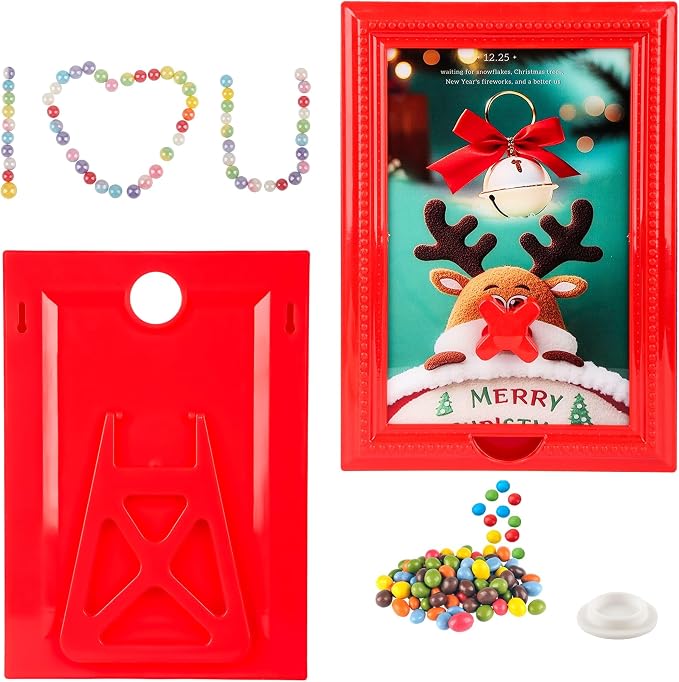 Candy Dispenser Picture Frame, Wall-Mount & Tabletop Gumball Machine with Multiple Designs for Candy, Nuts, Treats, Interactive Home and Office Decor (Deer & Bell, Red)