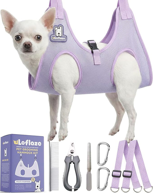Loflaze Dog Grooming Hammock Harness for Dogs & Cats with Pet Nail Clipper Trimmer - Cat Hanger Sling for Trimming Clipping Nails- Dog Hammock Restraint Bag for Small Medium Large pet （ Purple XS）
