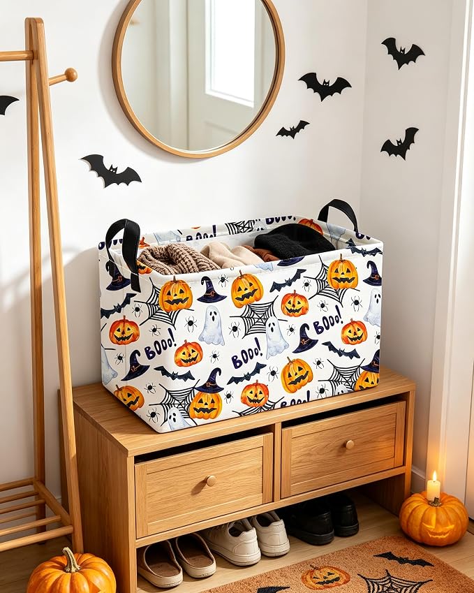 Essme Rectangular Halloween Basket,Ghost Storage Bins Organizer with Handles for Room Decor, Gift Basket.(Watercolor Halloween)