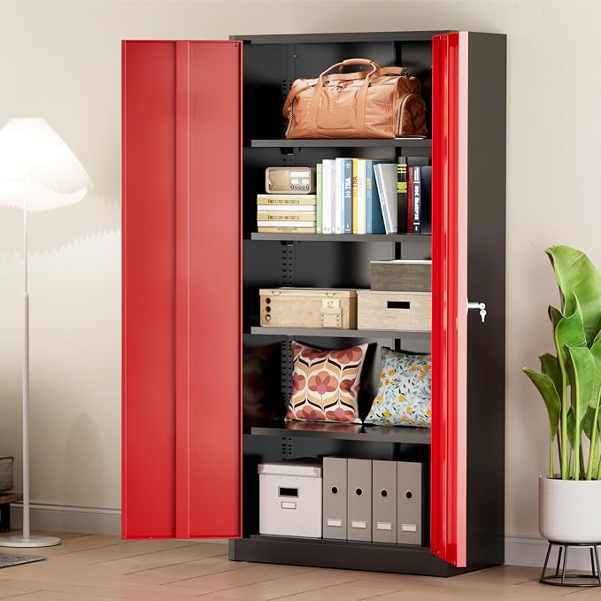 Greenvelly Metal Storage Cabinet with Doors and Shelves, 72" Inch Locking Metal Cabinet,Garage Storage Cabinet for Garage Office School Warehouse (Black Red)