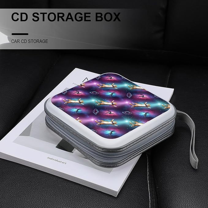 Hard Plastic Protective CD Case Funny Space Cat, 40-Disc Capacity Storage Binder with Zipper, Portable Organizer for Home Office
