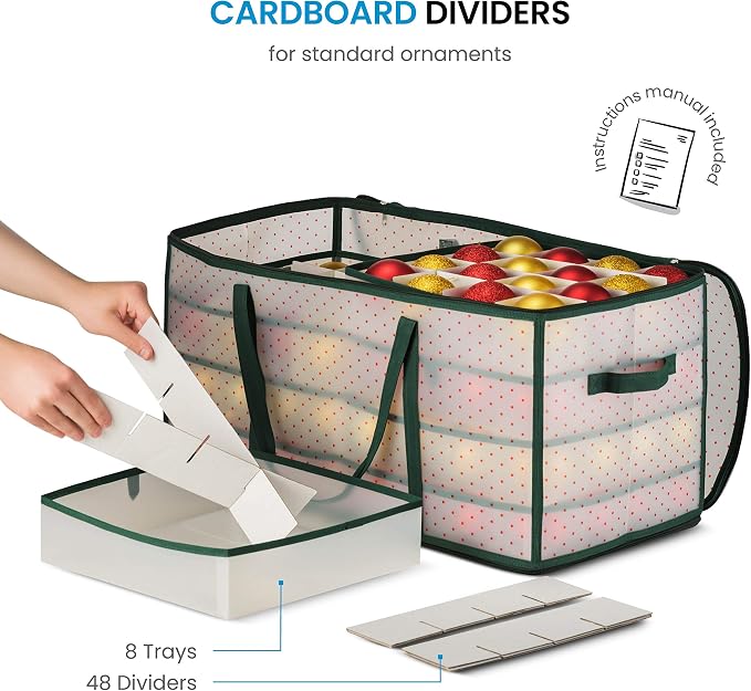 ZOBER Christmas Ornament Storage Box Plastic - Stores 128 3" Ornaments with Individual Trays - Ornament Organizer Storage Box, Durable Christmas Containers Holder - Green