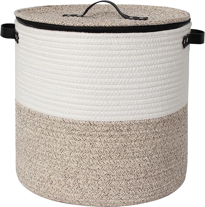 Storage Basket with Lid, 18"x14" Large Woven Blanket Storage for Living Room, Round Cotton Rope Bin with Zipper Top, Shoe Basket with Lid for Entryway, Floor Kids Dog Toy Bin Box with Cover