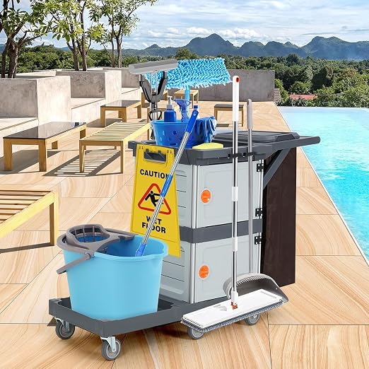 Commercial Janitorial Cart with 2 Cabinet, Traditional Janitorial 3-Shelf Cleaning Cart On Wheels, Plastic Housekeeping Cart with 30 Gallon Bag, 200 Lbs Load Capacity