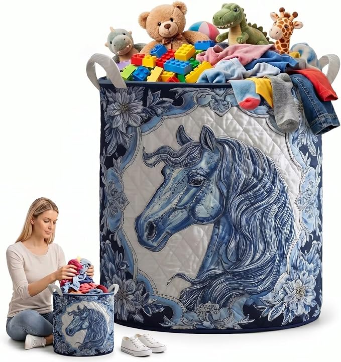 Soft Quilt Style Clothes Bin, Boho Fabric Laundry Basket with Handles, Lightweight Collapsible Hamper for Bedroom, Walk in Closet & Apartment(16" x 22")
