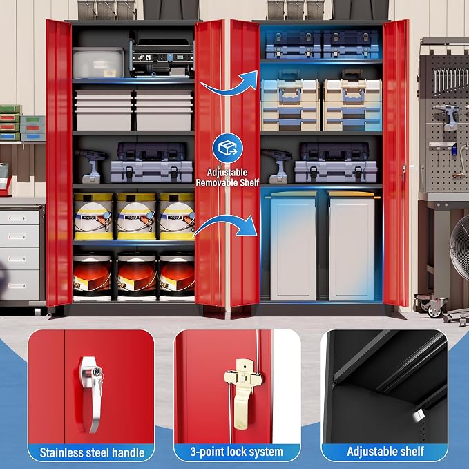Greenvelly Metal Storage Cabinet with Doors and Shelves, 72" Inch Locking Metal Cabinet,Garage Storage Cabinet for Garage Office School Warehouse (Black Red)