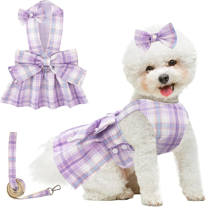 Coppthinktu Plaid Dog Dresses for Small Dogs Girl Bowknot Harness Leash Set