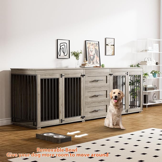 Rophefx 94.5" Dog Crate Furniture for 2 Dogs, Wooden Kennel TV Stand,Grey | Indoor double dog house with 3 storage drawers, 4 feeding bowls, lockable doors, and a wide top for large and medium dogs