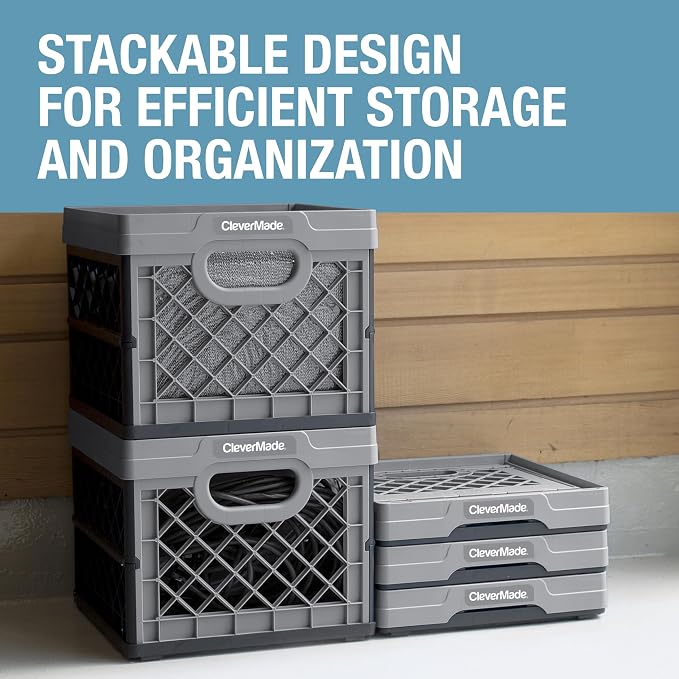 CleverMade Collapsible Milk Crate (EcoCrate) - 25L - Stone (3PK) | Organize Files, Groceries, and Gear in One Crate | Built-In Rails Hold Letter Folders, While the Frame Stacks Securely