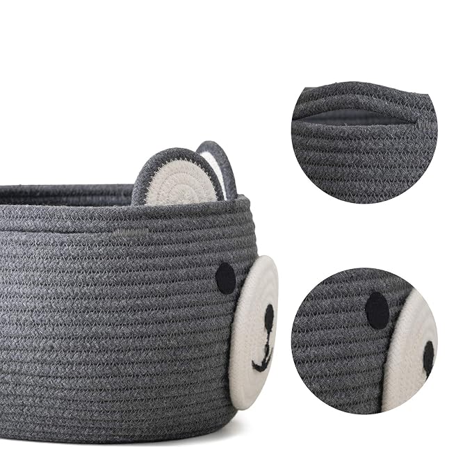 CherryNow Baby Basket for Gifts Empty, Cute Bear Design, Grey | 10.5" x 8.5" Woven Rope Baby Shower Basket, Fits Living Room Nursery Decor, Gift Baskets Empey for Kids Boys