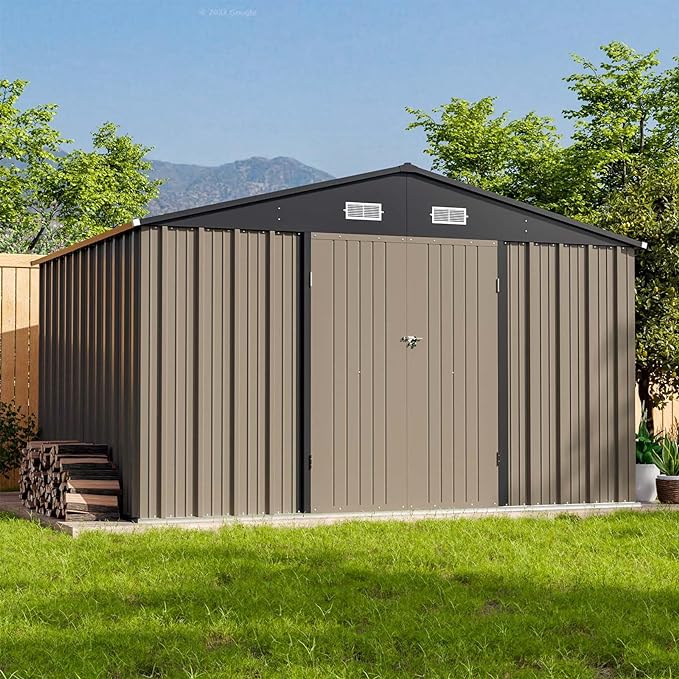 Patiowell 10 x 8 FT Outdoor Storage Shed, Large Garden Tool Metal Shed | with Sloping Roof and Double Lockable Door, Outdoor Shed for Backyard Garden Patio Lawn, Brown