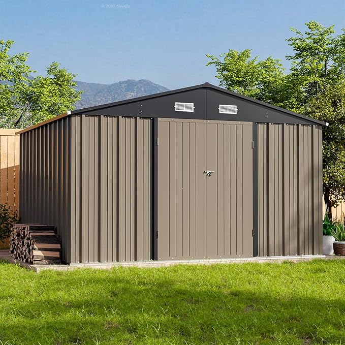 Patiowell 10x8 FT Outdoor Storage Shed with Floor Frame, Brown | Large Garden Tool Metal Shed, Sloping Roof, Double Lockable Door, Outdoor Shed For Backyard Garden Patio Lawn