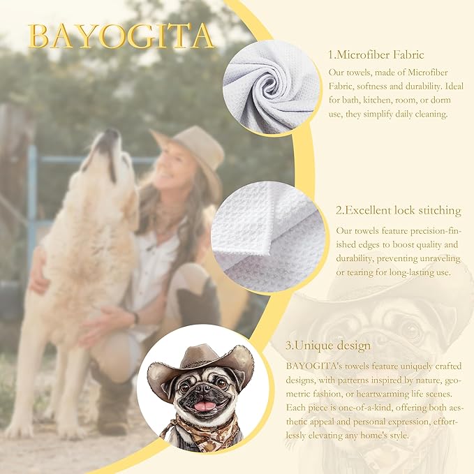 Western Cowboy Pug Dog Gifts Kitchen Towels Decorative - Gifts for Pug Lovers Dish Tea Towels for Kitchen Drying, Dog Mom Dad Gifts Hand Towels for Bathroom Decor, 16x24 Inch