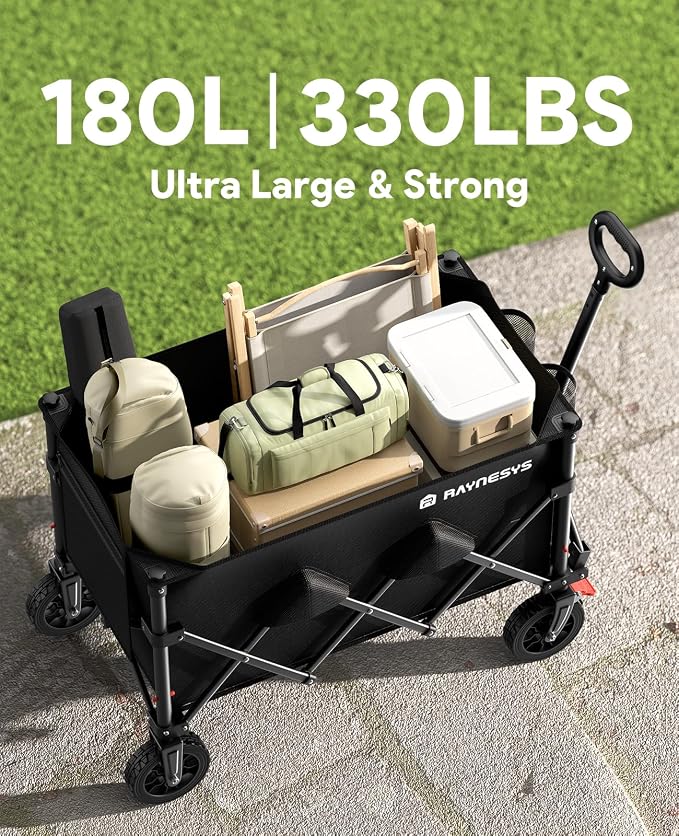 Collapsible Wagon Cart with Wheels, 330LBS for Grocery Shopping Camping | 180L Capacity Wagons Carts Foldable,Heavy Duty Foldable Wagon,Portable Utility Carts for Camping Grocery Garden Shopping