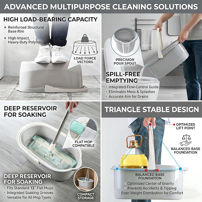 Compact Mop Bucket with Handle, Rectangular Cleaning Bucket and Caddy for Cleaning Supplies, 10L, Grey