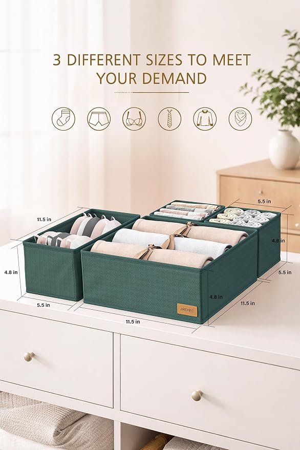 Dresser Drawer Organizer Clothes, 6 Pack Foldable Storage Boxes with Zipper, 600D Fabric, Green, Drawer Dividers for Underwear, Socks, Baby Clothes