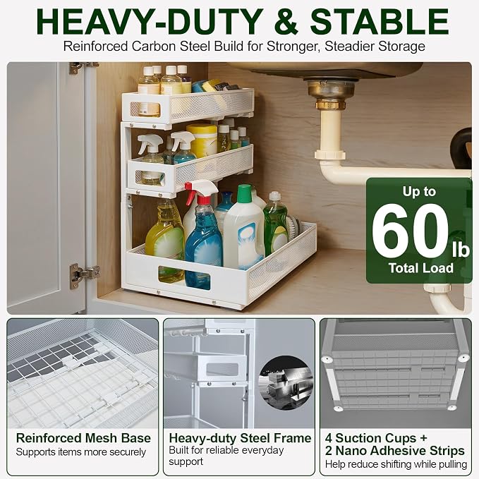 3 Tier Under Sink Organizer,1 Pack Pull Out Cabinet Shelves with Adjustable Height,Heavy Duty Carbon Steel L-Shaped Storage for Kitchen Bathroom Sink,Pantry & Laundry,White
