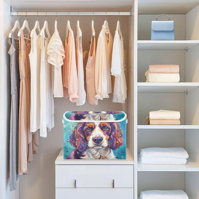 Pet Animal Painting Storage Bins with Lids Closet Bedroom 40L Fabric Bin | Decorative Storage Boxes, Foldable & Stackable, Dust-Proof Flip Top, Reinforced Handles, For Home & Dorm, Clothes & Toy Box