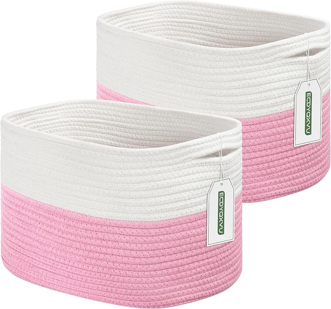 ECDYQXVU 15x10x9 Inch Woven Cotton Rope Storage Basket, 2 Pack | Foldable Design, Built-in Handles, Space-saving Organizer for Living Room, Bedroom, Laundry, Shelves, Clothes, Towels