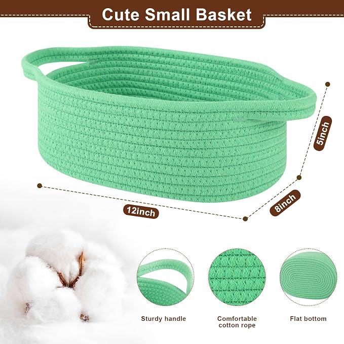 OIAHOMY Gift Basket with Handle, Small Woven Basket with Gift Bag, Ribbon and Wrap Tissue Paper, Nursery Bins Empty to Fill with Small Items, Baby, Pet Toy Organizer - Green