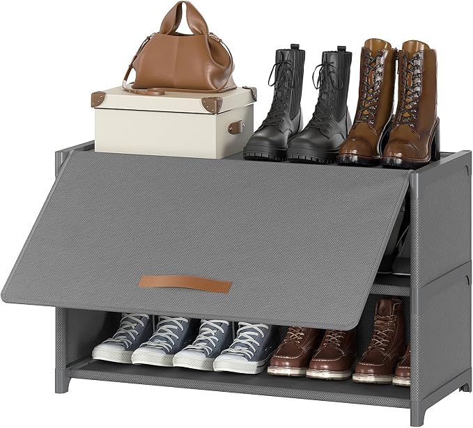 3 Tier Shoe Cabinet with Door, 12-Pair Storage, Grey | Compact for Small Closets, Holds Heels, Sneakers, Boots, Door for Dust Pet Protection, Quick Easy Set Up
