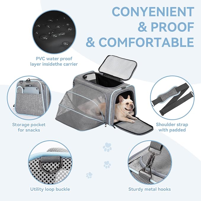 Petsfit Large Expandable Cat Carrier for Travel, Up to 18 lb | 19 x 12 x 12 in; roomy expandable space with a reinforced frame, locking zippers, interior safety tether and large pocket.