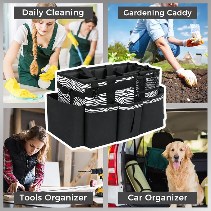 SCAVATA Wearable Cleaning Caddy, Cleaning Caddy Supplies Organizer with Handle & Shoulder Straps for Housekeepers, Under Sink & Car Cleaning Tool Organizers Bag with 4 Foldable Divider (ZebraStripe)