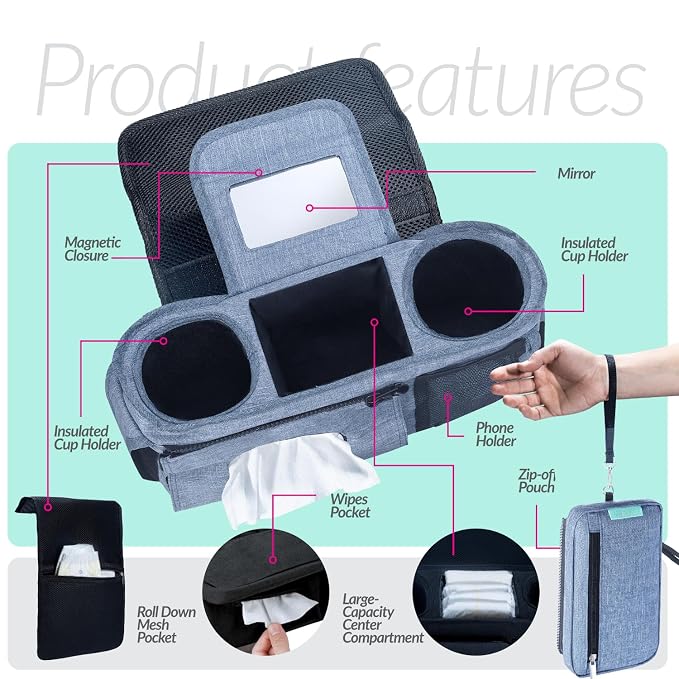 Swanoo Stroller Caddy Organizer, Cup Holder, Wipes Pocket, Non-Slip, Blue
