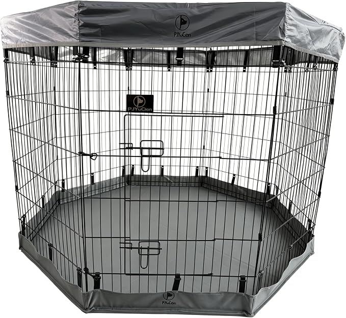 PJYuCien Puppy Playpen with Top Cover & Bottom Pad, 8 Panels 42" H, Gray | 24"W, Large Pet Safe Sanctuary, Foldable Octagonal Pen, Versatile, Indoor & Outdoor, Backyard Pasture, Protects Floors
