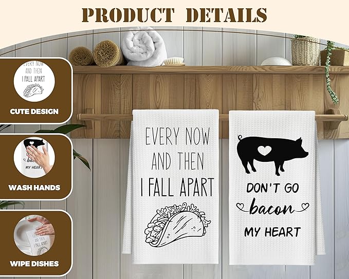Kitchen Towels Set of 2, Tacos and Pig Dish Towel for Kitchen, Decorative Hand Towels for Bathroom, Fast Drying Tea Towel with Funny Sayings, Housewarming Xmas Gifts for Women Mom -B13