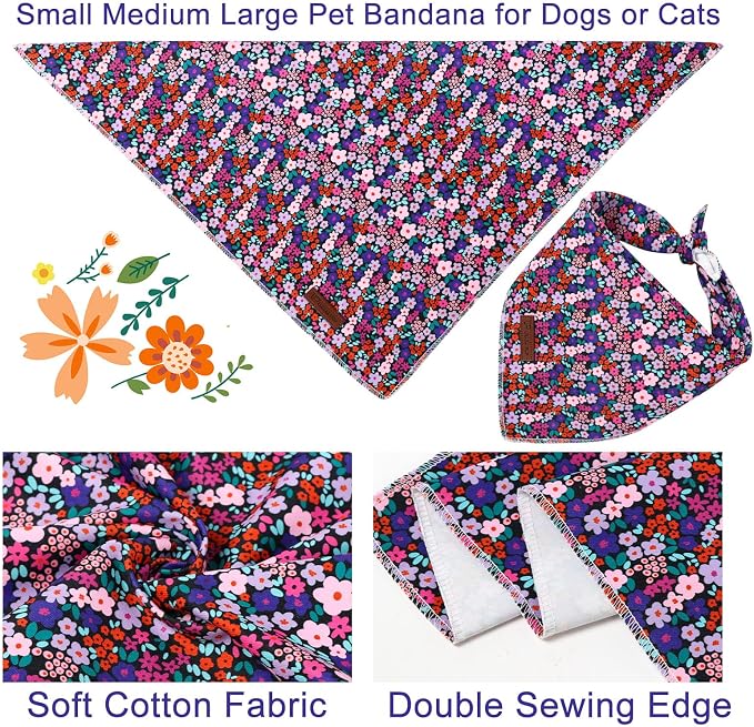 Floral Dog Bandana, UP URARA PUP Flowers Triangle Bid Scarf for Medium Large Dogs, Cotton Kerchief for Girl Boy Puppies, Cute Spring Blossom Bandana,S