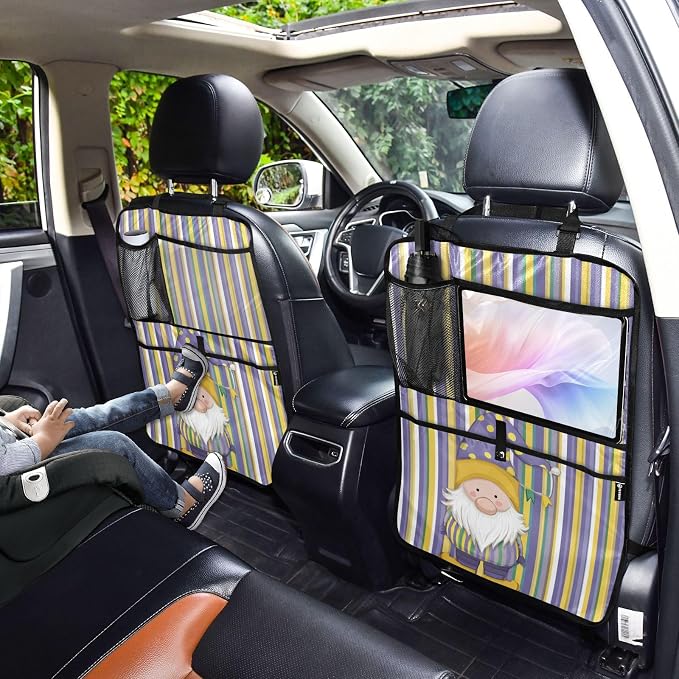 1 Pack Back Seat Car Organizer with Storage Pockets Kick Mats Back Seat Protector Hanging Car Organizer Automotive Seat Back Cover Organizers Stripe Mardi Gras Gnome