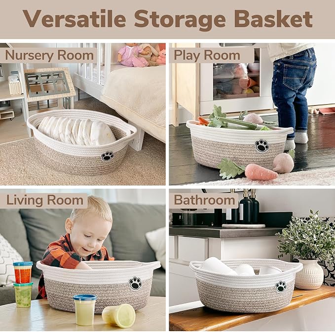 Dog Toy Basket Small Gift Basket for Baby, 12"x 8" x 5" inches Woven Storage Baskets for Dog Cat, Nursery Storage Baskets for Diapers, Towels, Mixed-Brown (Pack of 2)