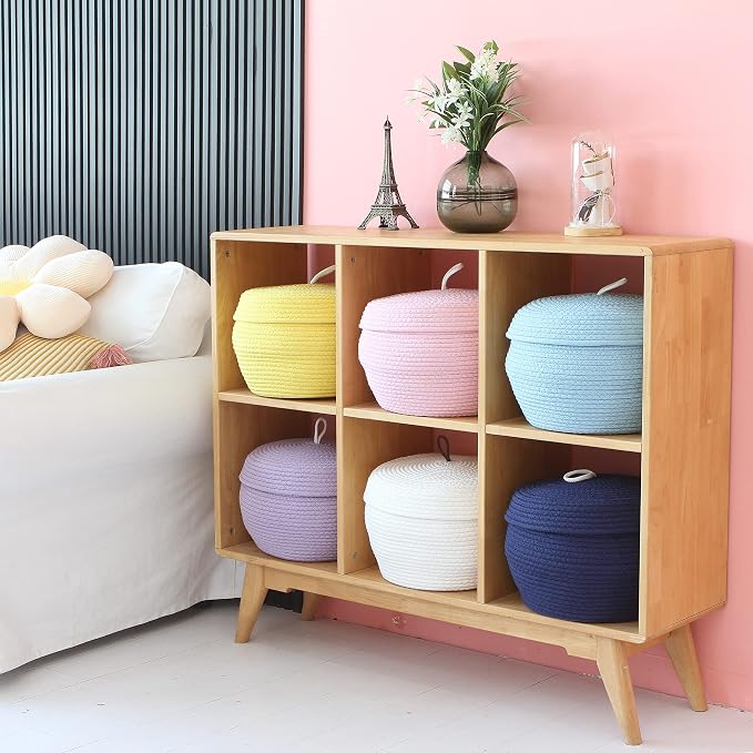Sea Team Round Woven Cotton Rope Storage Basket with Lid, Yellow | Lidded Knitted Decorative Storage Bin, Pot, Caddy, Organizer, Container for Snacks, Towels, Plants, 13 x 9 Inches