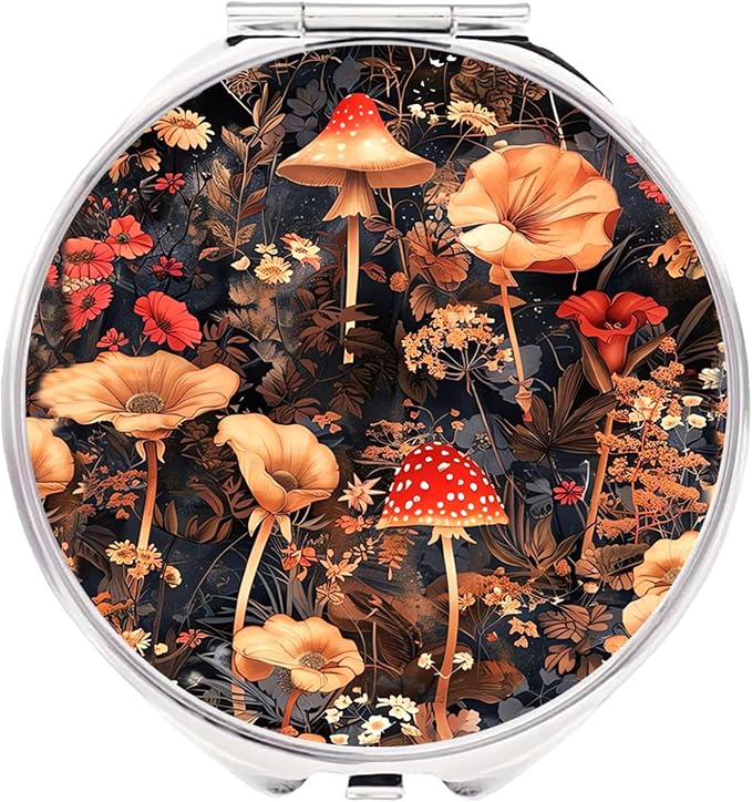 Small Pill Box 3 Detachable Compartments Pill Case with Mirror 2.4inches Pocket Round Medicine Organizer, Mini Portable Pill Organizer for Pocket Purse& Travel Convenience-Vintage Mushrooms