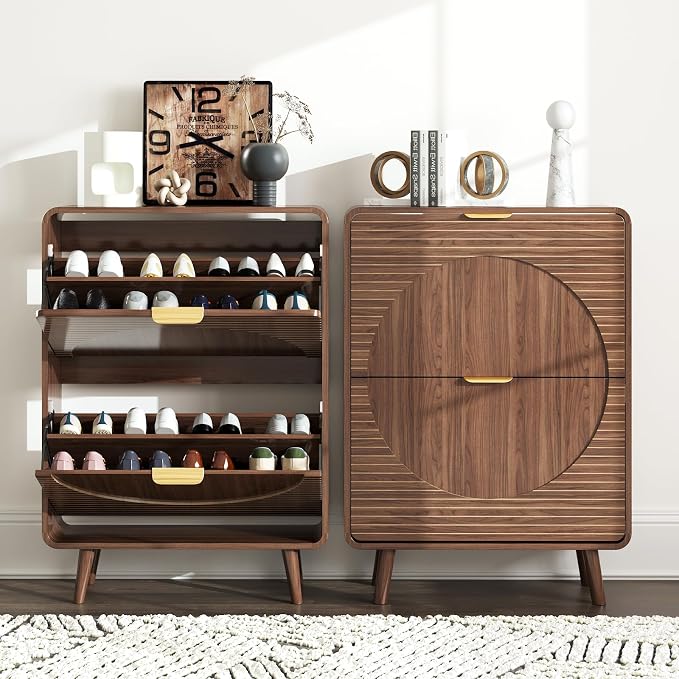 Shoe Storage Cabinet with 2 Flip Drawers for Entryway, 27.5" Freestanding Hidden Shoe Rack Cabinet, Narrow Shoe Organizer for Hallway, Foyer, Walnut