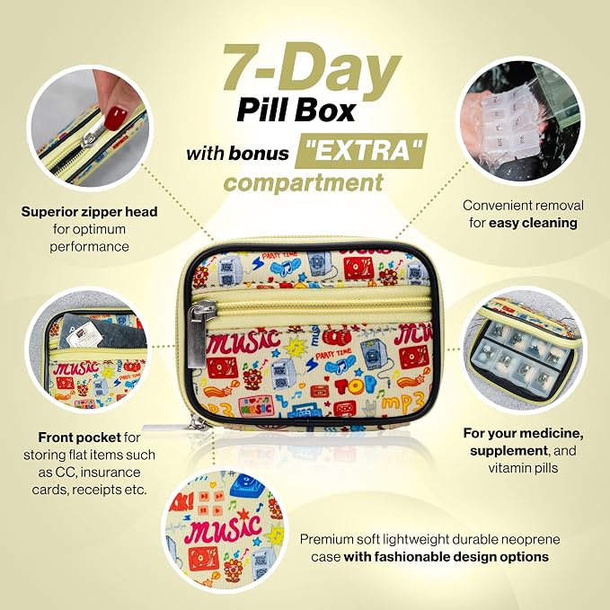 Made Easy Kit Pill Case - Weekly Medicine Organizer with Removable Seven-Day Vitamin & Supplement Box - Premium Neoprene for Travel Purse Accessory (Yellow Music Lover)