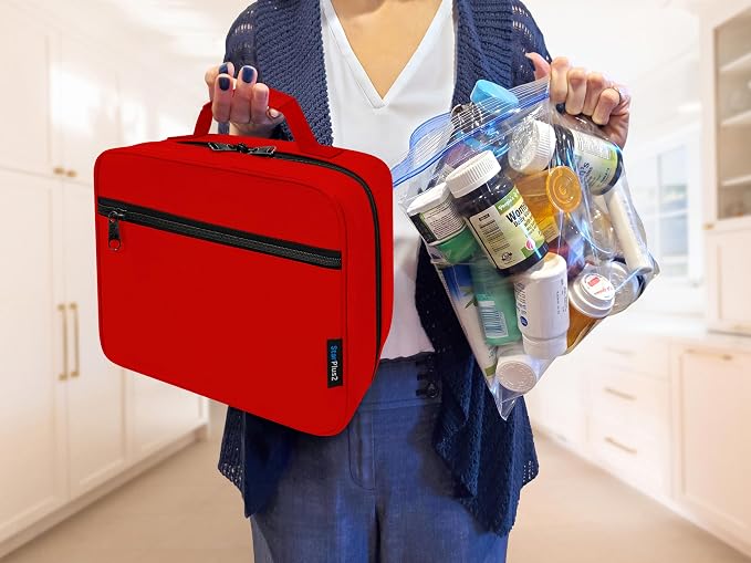 Large Pill Bottle Organizer & Medicine Bag for Travel, Red | Prescription bottle organizer with 10 bottle pockets and padded storage for medication bottles, supplements, vitamins