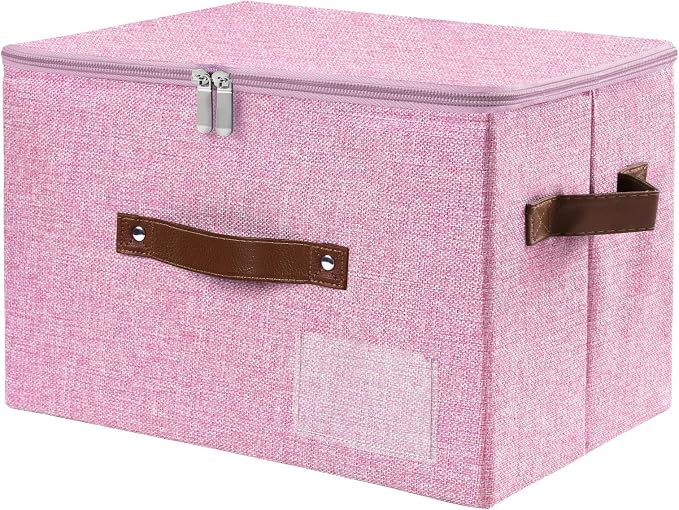 ANMINY Storage Box Fabric Bins with Zipper Lid, 15"x10"x10" Pink | Keepsake Box, Decorative, Cotton Linen, Reinforced PP Board Frame, Washable, Stackable & Foldable, Label Holder & PU Handles