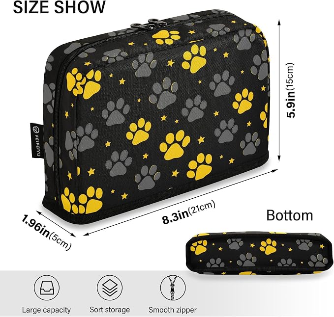 Aslsiy Large Capacity Pencil Case Yellow Grey Pet Paws Stars (1) Pencil Pouch for Boys Girls Portable Pen Bag Organizer Standing Makeup Bag for School Office Supplies