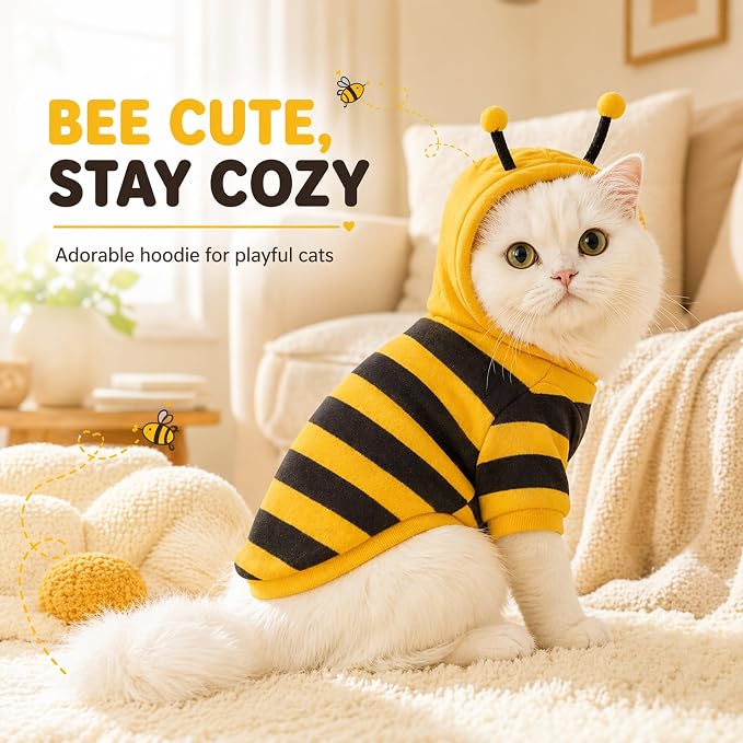 Cute Cat Bee Costume - Pet Halloween Apparel Bumble Bee Cosplay Clothes Antennae, Soft Warm Fleece Hoodie for Cats, Kittens, and Small Dogs, Perfect for Festival Party and Photo Shoot S/M