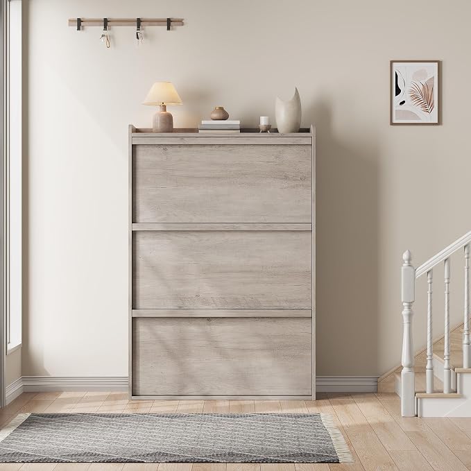 GarveeHome Shoe Cabinet with 3 Flip Drawers, Wooden Shoe Organizer Cabinet with Adjustable Shelf, Shoe Storage for Entryway, Hidden Shoe Cabinet for Hallway, Living Room, Grey