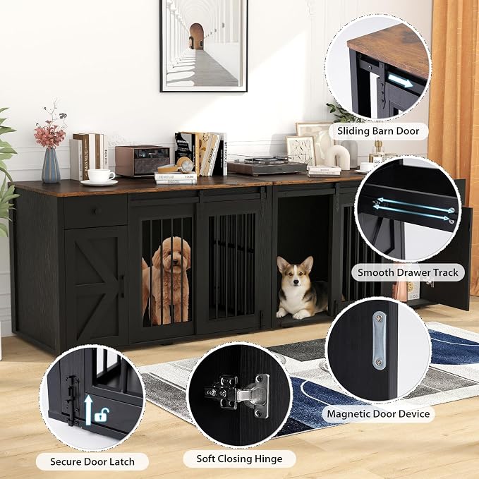 Verano Garden 88" Dog Crate Furniture, Dog Kennel Cage, Black (88") | 2-in-1, Lockable, Decorative, Sliding Door, Removable Divider, Adjustable Shelf, Farmhouse, Heavy Duty, Small Medium Dogs