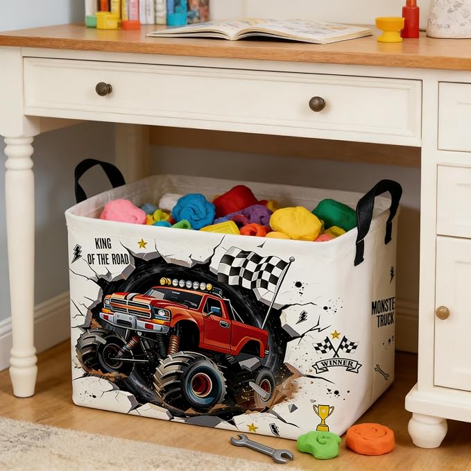 Rectangular Monster Truck Basket,Racing Car Storage Baskets,Cute Basket for kids with Handles,Kid Room Decor Gift,Car Room Decor,Book baskets(Monster Truck)