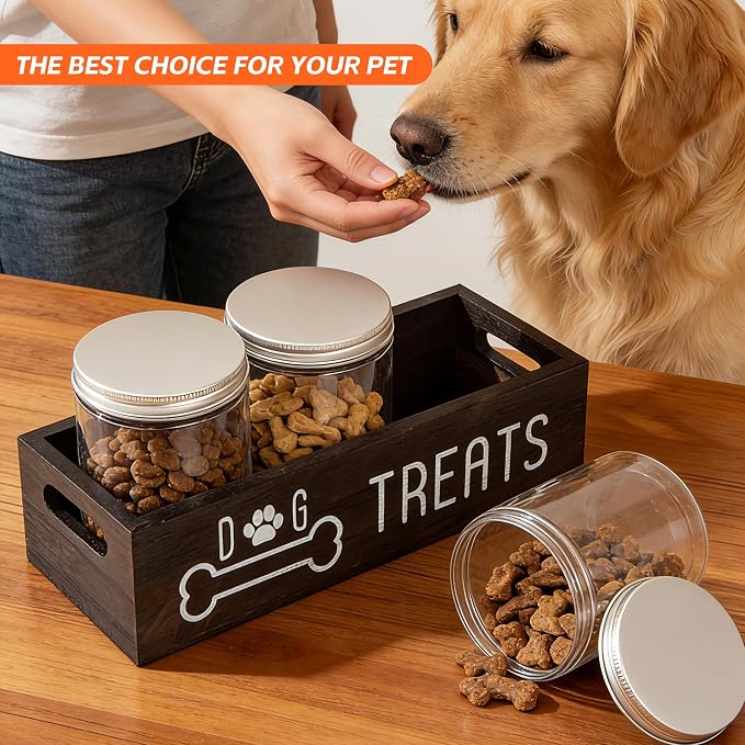 Dog Treat Container Wood Cat Treat Holder for Counter Cat Treat Organizer Dog Food Storage Organizer with 3 Dog Cookie Jars Farmhouse Decor Box Brown