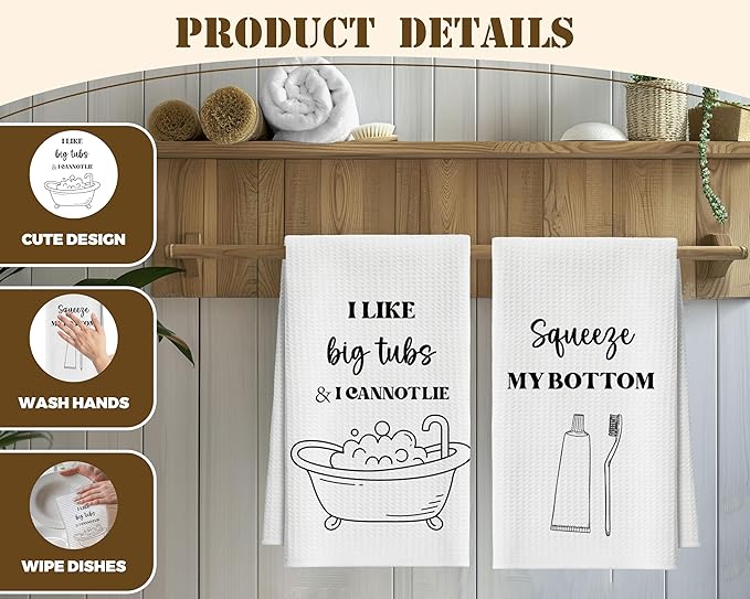Bath Towels Set of 2, Funny Bathtub Brush Dish Towel for Bathroom Spa Kitchen, Squeeye My Bottom Decorative Hand Towels, Fast Drying Tea Towel, Housewarming Xmas Gifts for Women Mom -B36